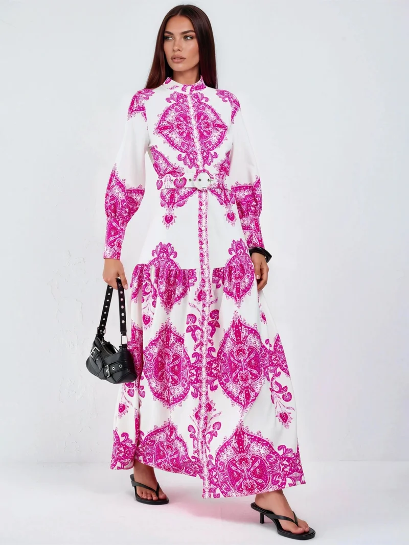 جينيفر Paisley Print Belted Maxi Dress with Shirt Collar