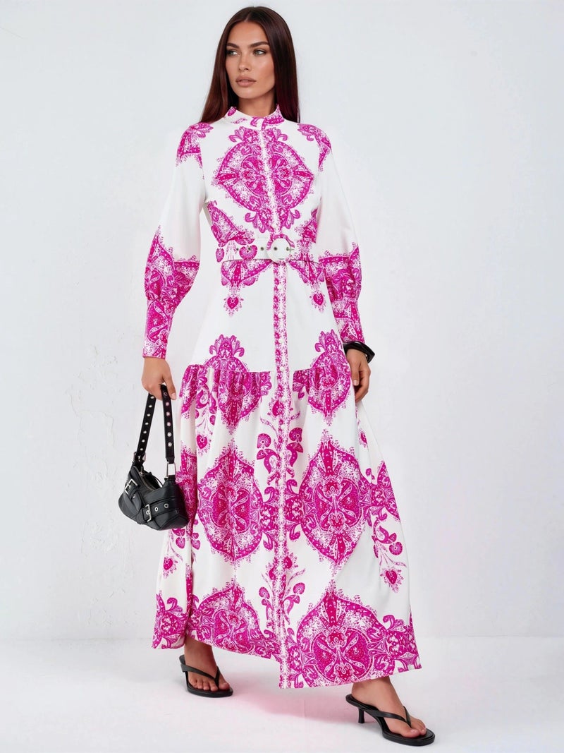 Jennyfer Paisley Print Belted Maxi Dress with Shirt Collar - Image 2