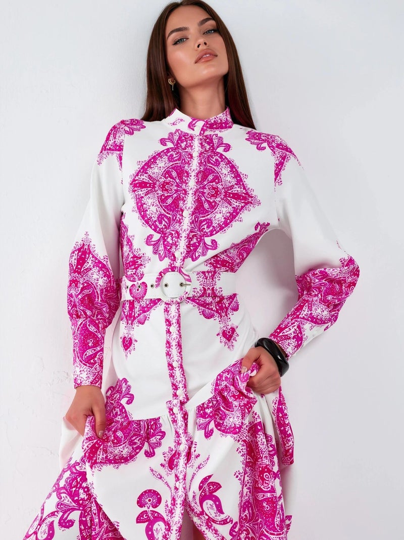 Jennyfer Paisley Print Belted Maxi Dress with Shirt Collar - Image 1