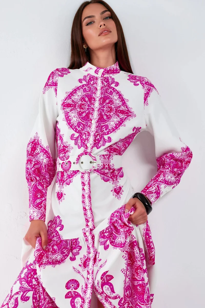 Jennyfer Paisley Print Belted Maxi Dress with Shirt Collar