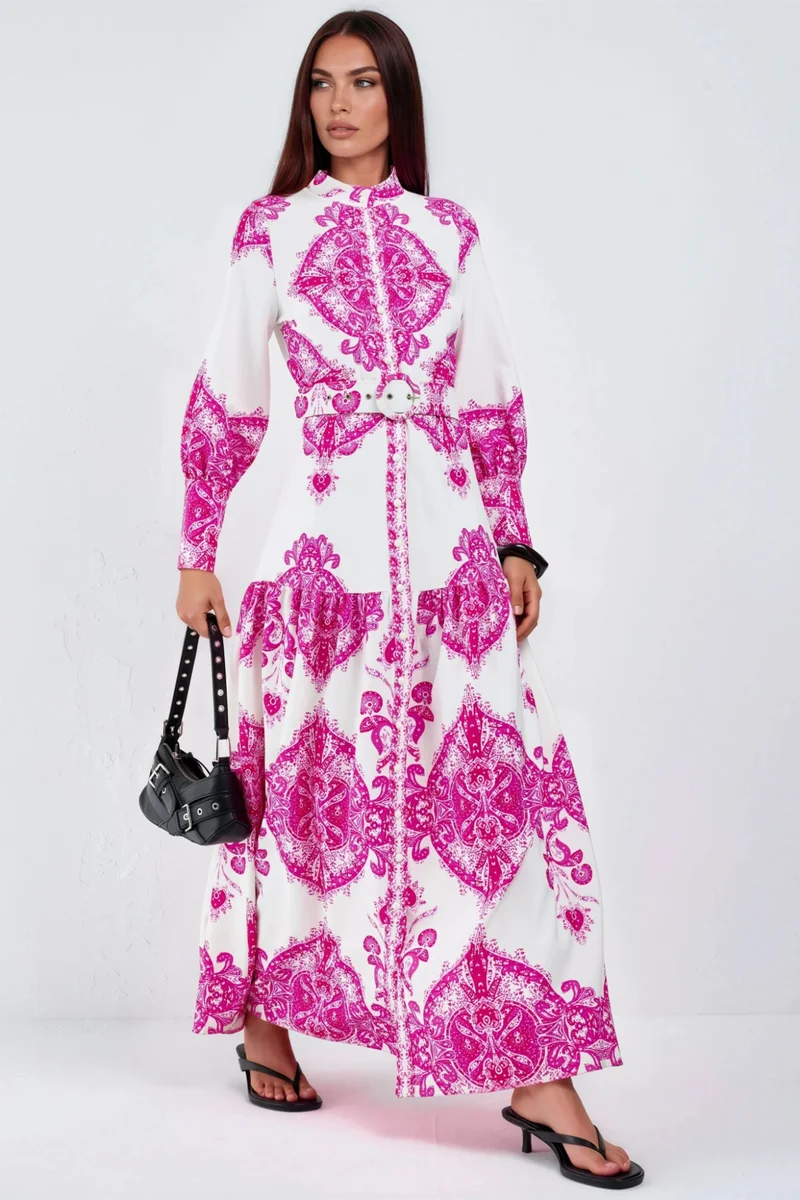 Jennyfer Paisley Print Belted Maxi Dress with Shirt Collar