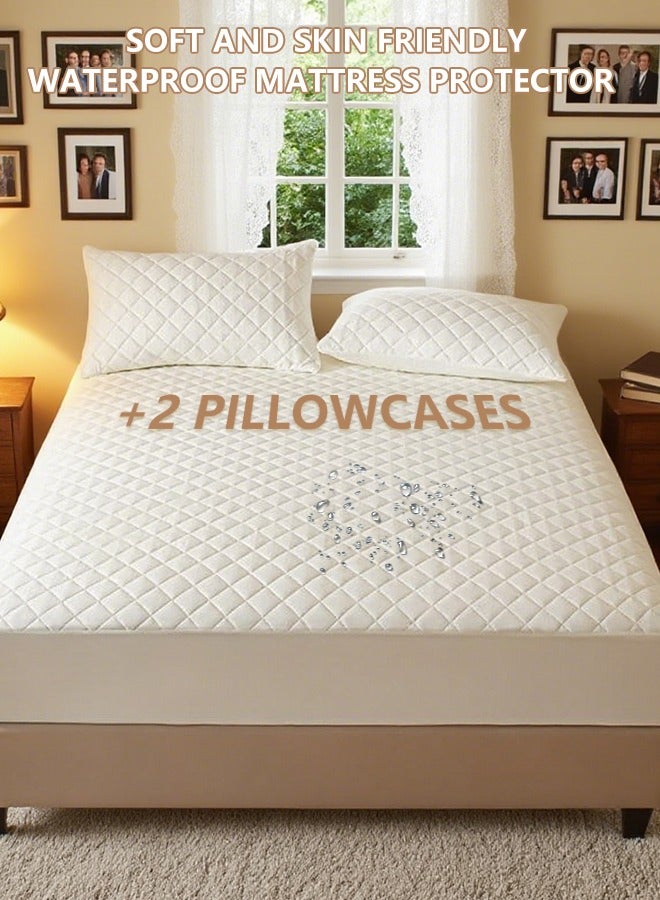 Waterproof Mattress Protector 150x200cm with 2 Pillowcases 48x74cm – Quilted, Soft Brushed Fabric, Hypoallergenic, Noiseless, Breathable, Deep Pocket Fitted Bed Cover for Queen Bed – Dust Mite Proof, Skin-Friendly, Beige - Image 1