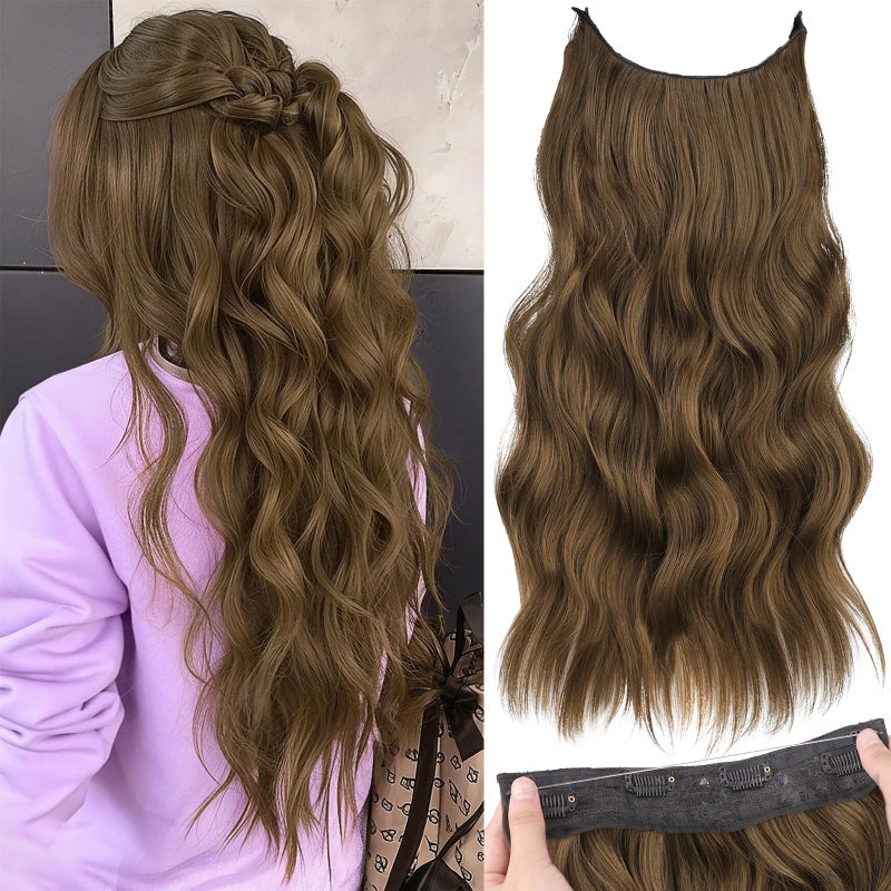 KooKaStyle Invisible Wire Hair Extensions with Transparent Wire Long Wavy Synthetic Hairpiece with 4 Secure Clips Adjustable Secret Headband for Women(20 Inch Chestnut Brown) - Image 1