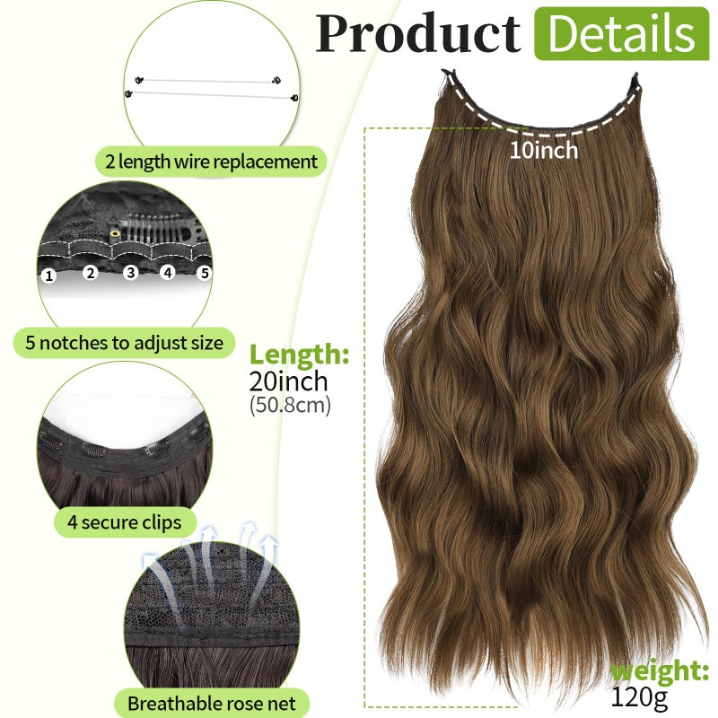 KooKaStyle Invisible Wire Hair Extensions with Transparent Wire Long Wavy Synthetic Hairpiece with 4 Secure Clips Adjustable Secret Headband for Women(20 Inch Chestnut Brown) - Image 2