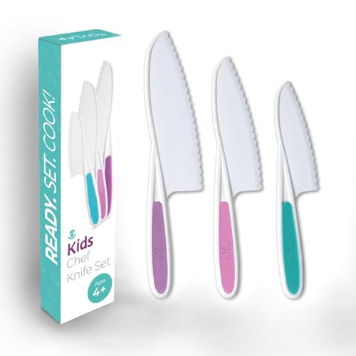 Tovla Jr Knives for Kids 3Piece Kitchen Baking Knife Set Montessori Childrens Real Cooking Knives in 3 Sizes  ColorsFirm Grip Serrated Edges BPAFree Kids Toddler Knives colors vary
