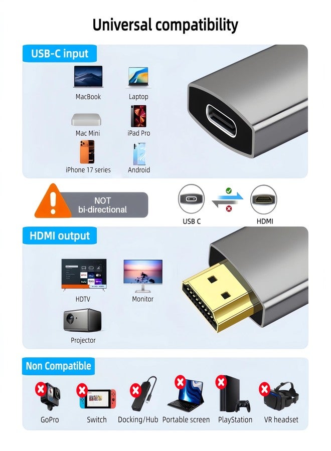 XinYaa USB C Female to HDMI Male Adapter with USB Video Cable, 4K@60Hz Uni-Directional USB Type C Source to HDMI 2.0 Display Converter Thunderbolt 3/4 to HDMI for i-/Phone 17 MacBok Pro/Air, Galaxy - 1 Pack - Image 2