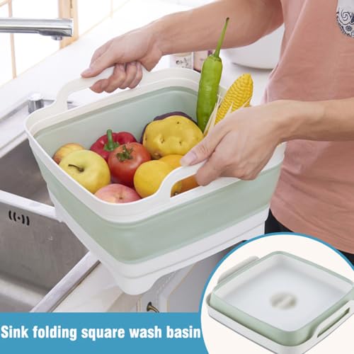 ddLUCK Dish Basin Collapsible with Drain Plug Carry Handles for 9L Large Capacity, Washing Basin, Collapsible Dish Tub for RV Sink, Vegetable, Fruit, Food Sink Strainer Dish Washing Tub - Green - Image 4