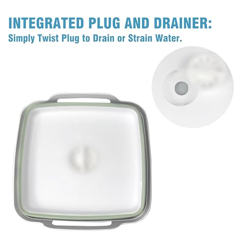 ddLUCK Dish Basin Collapsible with Drain Plug Carry Handles for 9L Large Capacity, Washing Basin, Collapsible Dish Tub for RV Sink, Vegetable, Fruit, Food Sink Strainer Dish Washing Tub - Green - Image 2