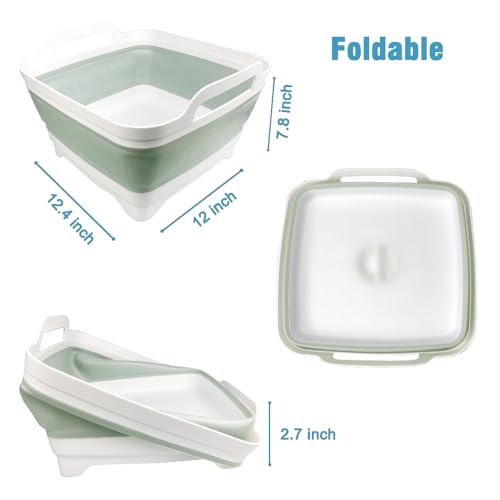 ddLUCK Dish Basin Collapsible with Drain Plug Carry Handles for 9L Large Capacity, Washing Basin, Collapsible Dish Tub for RV Sink, Vegetable, Fruit, Food Sink Strainer Dish Washing Tub - Green - Image 3