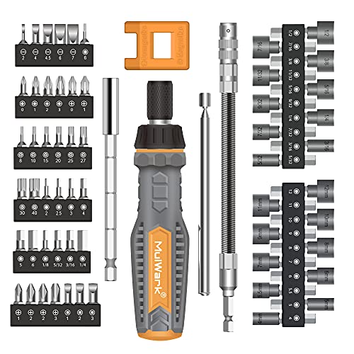 MulWark 63PC Magnetic Ratcheting Screwdriver Bit Set - Multibit Screw Driver with Screwdriver Bits Including Slotted, Torx, Hex, Pozi, Philips, Square; Nut Driver Set for SAE and Metric - Image 1