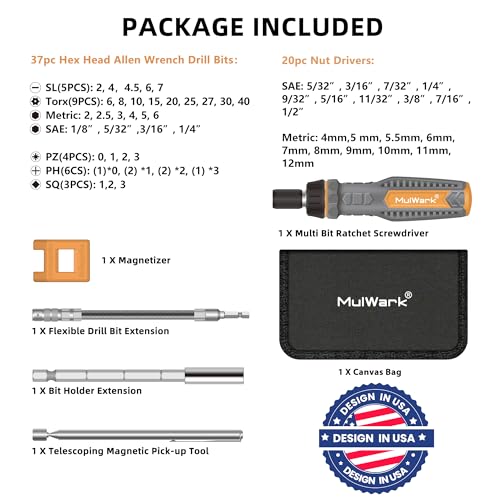 MulWark 63PC Magnetic Ratcheting Screwdriver Bit Set - Multibit Screw Driver with Screwdriver Bits Including Slotted, Torx, Hex, Pozi, Philips, Square; Nut Driver Set for SAE and Metric - Image 2