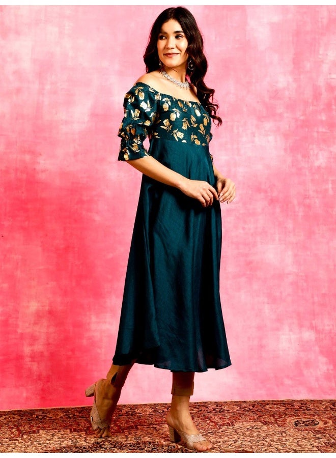 AKS Blue Gold Foil Printed Anarkali - Image 3