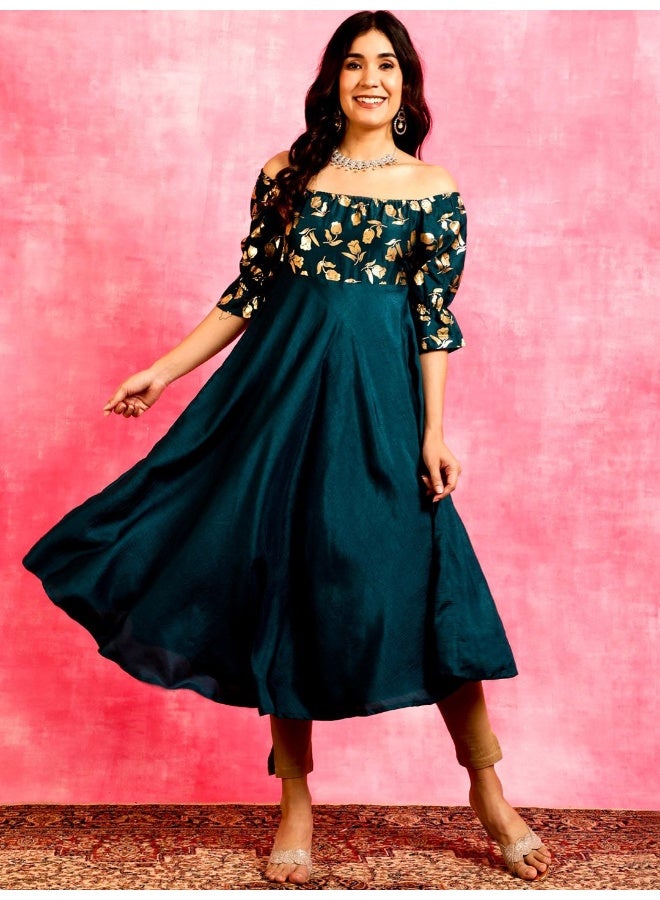 AKS Blue Gold Foil Printed Anarkali - Image 1