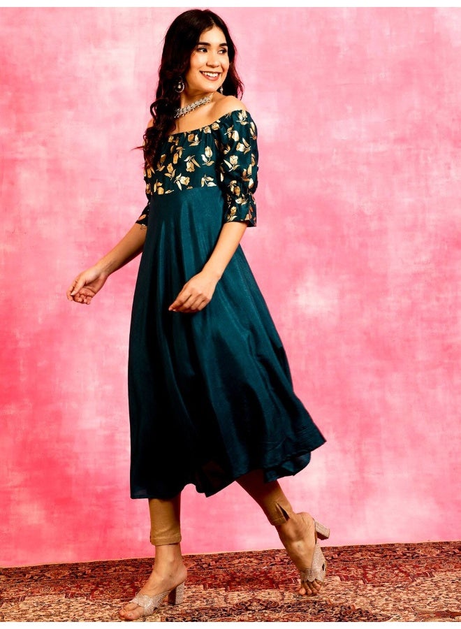 AKS Blue Gold Foil Printed Anarkali - Image 5