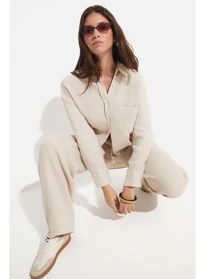 JUNE June Women Exclusive Regular/ Fit Linen Viscose Blend Pocket Detail Shirt Beige