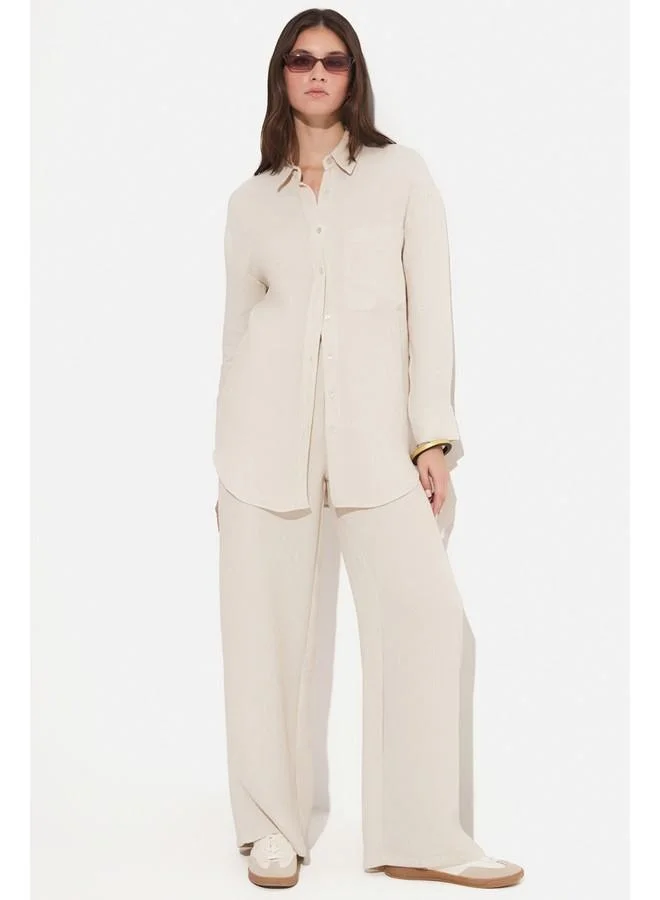 JUNE June Women Exclusive Regular/ Fit Linen Viscose Blend Pocket Detail Shirt Beige