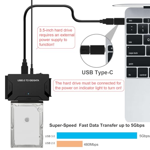 EYOOLD USB 3.0 to SATA IDE Adapter, Hard Drive Reader External Ultra Recovery Converter Compatible with 2.5" 3.5" HDD, SSD,5.25-inch DVD/CD-ROM Optical Drive Data Transfer with Power Supply - Image 3