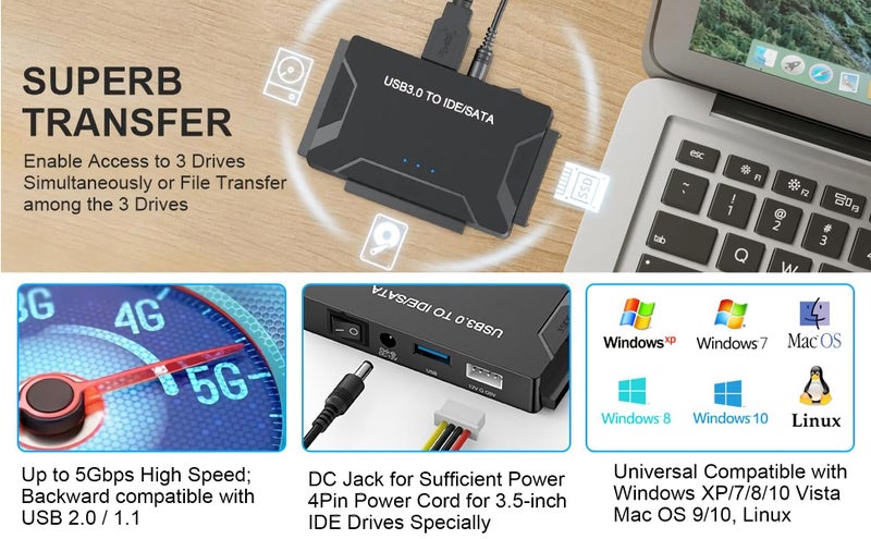EYOOLD USB 3.0 to SATA IDE Adapter, Hard Drive Reader External Ultra Recovery Converter Compatible with 2.5" 3.5" HDD, SSD,5.25-inch DVD/CD-ROM Optical Drive Data Transfer with Power Supply - Image 5