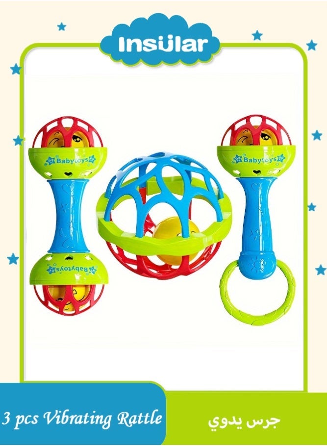 insular 3 Pcs Baby Rattle Set, Grasping Training Sensory Toy with Single/Double Head Rattle & Hand Grip Ball, Soft Teether for 0-12 Months, Newborn Baby Gift (Bright Colors) - Image 1