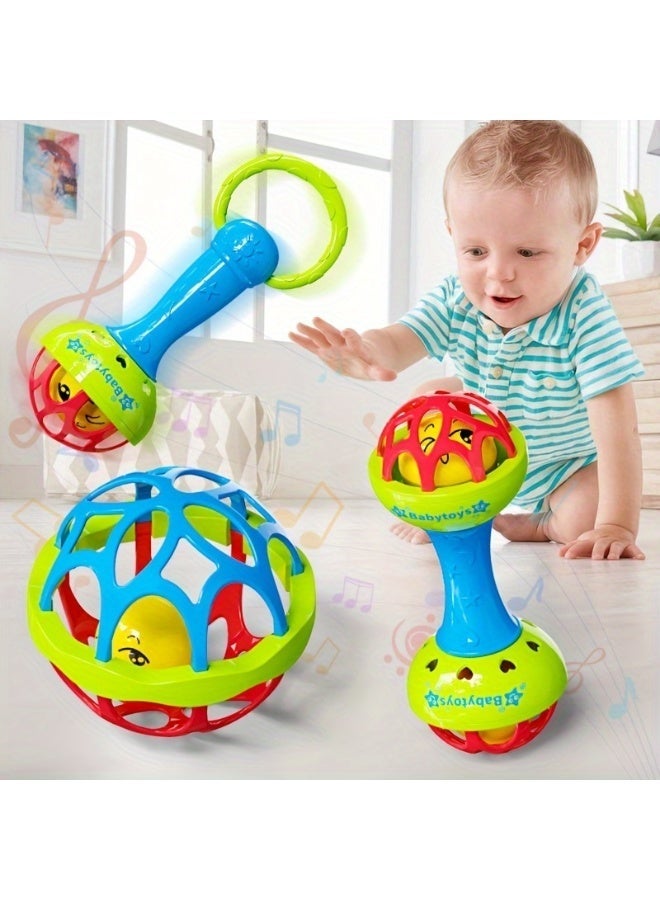 insular 3 Pcs Baby Rattle Set, Grasping Training Sensory Toy with Single/Double Head Rattle & Hand Grip Ball, Soft Teether for 0-12 Months, Newborn Baby Gift (Bright Colors) - Image 3