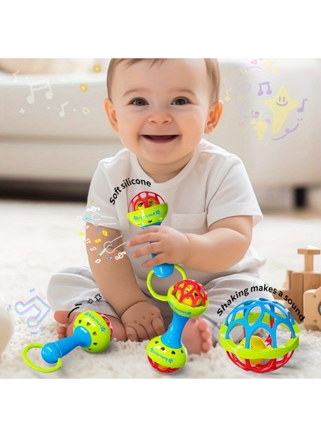 insular 3 Pcs Baby Rattle Set, Grasping Training Sensory Toy with Single/Double Head Rattle & Hand Grip Ball, Soft Teether for 0-12 Months, Newborn Baby Gift (Bright Colors) - Image 4