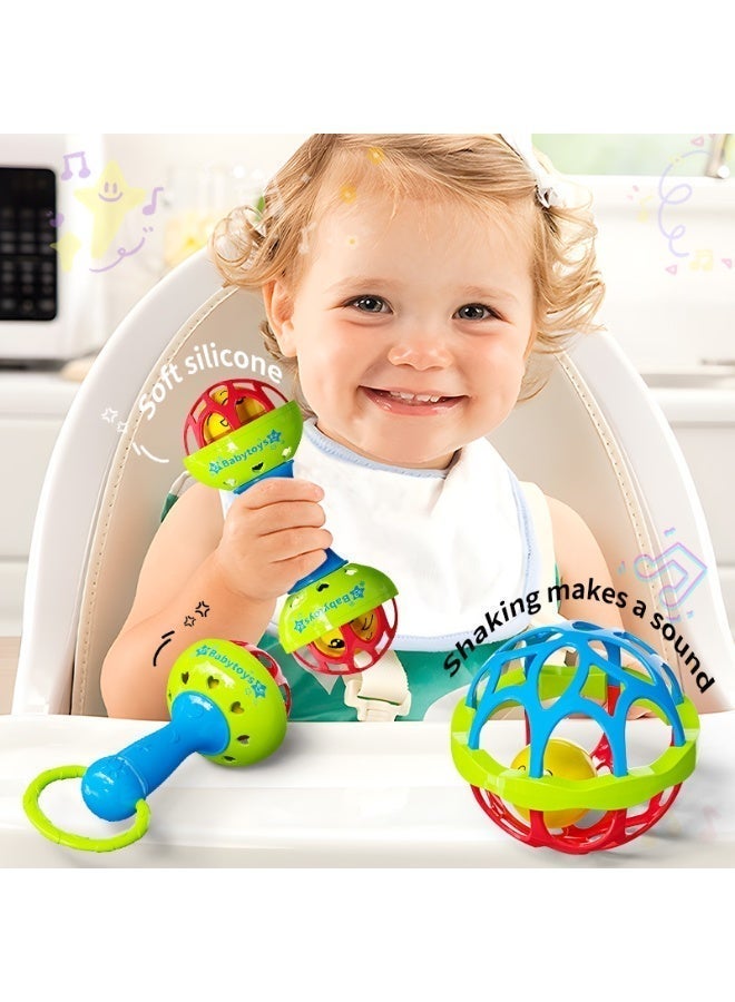 insular 3 Pcs Baby Rattle Set, Grasping Training Sensory Toy with Single/Double Head Rattle & Hand Grip Ball, Soft Teether for 0-12 Months, Newborn Baby Gift (Bright Colors) - Image 2