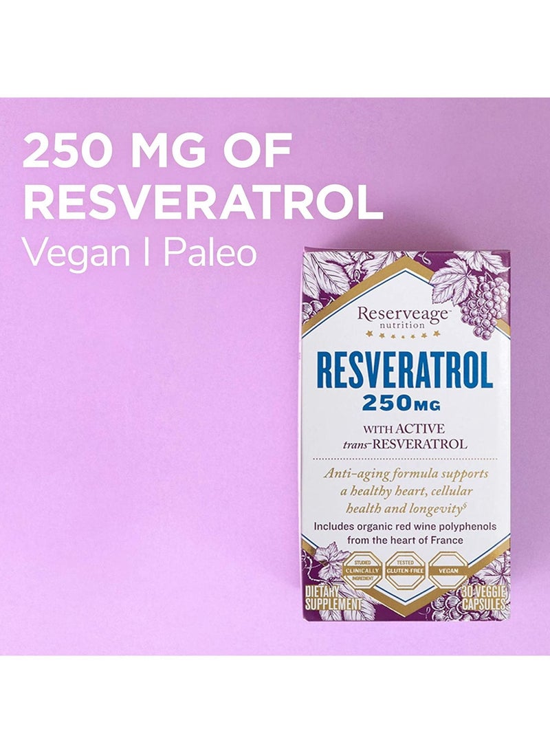 Resveratrol 250 mg, Antioxidant Supplement For Heart, Cellular Health, Supports Healthy Aging, Paleo And Keto - 30 Capsules