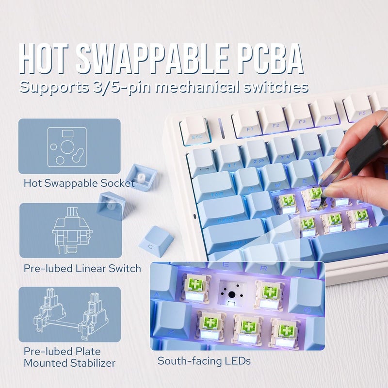 AULA F75 Gasket Mechanical Keyboard 75% Wireless Hot Swappable Gaming Keyboard with Five-Layer Padding, BT/2.4GHz/USB-C, RGB (Blue Gradient) - Image 4