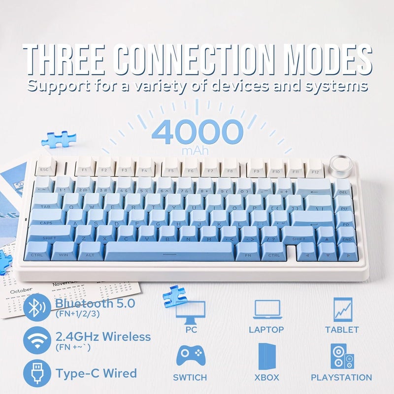 AULA F75 Gasket Mechanical Keyboard 75% Wireless Hot Swappable Gaming Keyboard with Five-Layer Padding, BT/2.4GHz/USB-C, RGB (Blue Gradient) - Image 3
