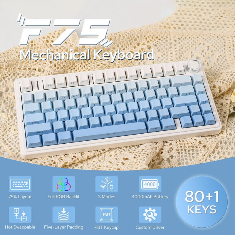 AULA F75 Gasket Mechanical Keyboard 75% Wireless Hot Swappable Gaming Keyboard with Five-Layer Padding, BT/2.4GHz/USB-C, RGB (Blue Gradient) - Image 2