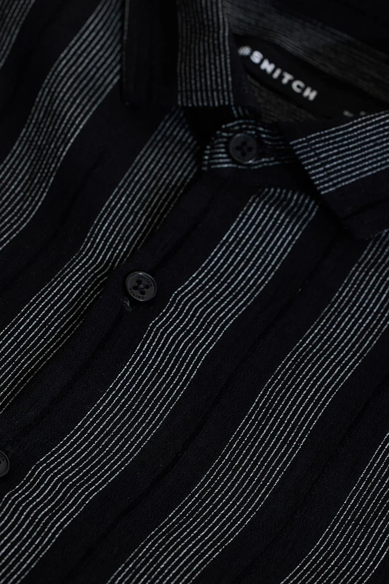 سنيتش Dark Jet Black Striped Long Sleeve Slim Fit Shirt