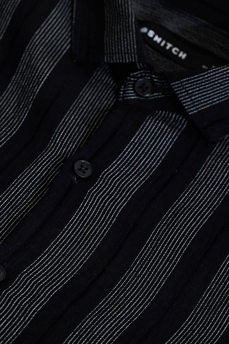 SNITCH Dark Jet Black Striped Long Sleeve Slim Fit Shirt - Image 2