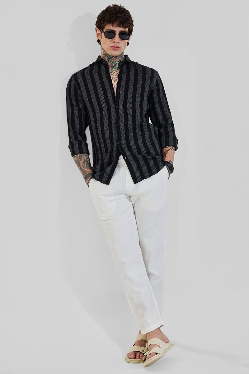 SNITCH Dark Jet Black Striped Long Sleeve Slim Fit Shirt - Image 3