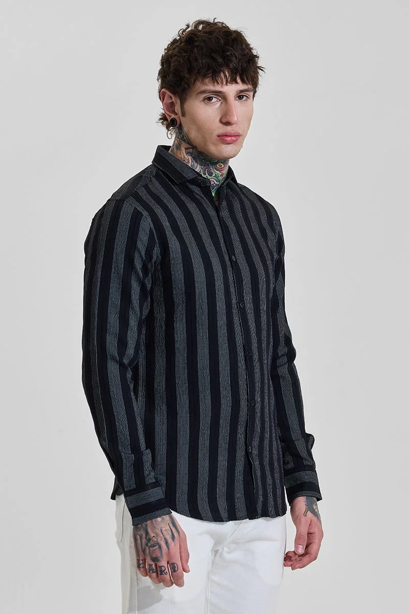 Snitch Dark Jet Black Dark Jet Black Striped Long Sleeve Slim Fit Shirt for Men | Best Price UAE