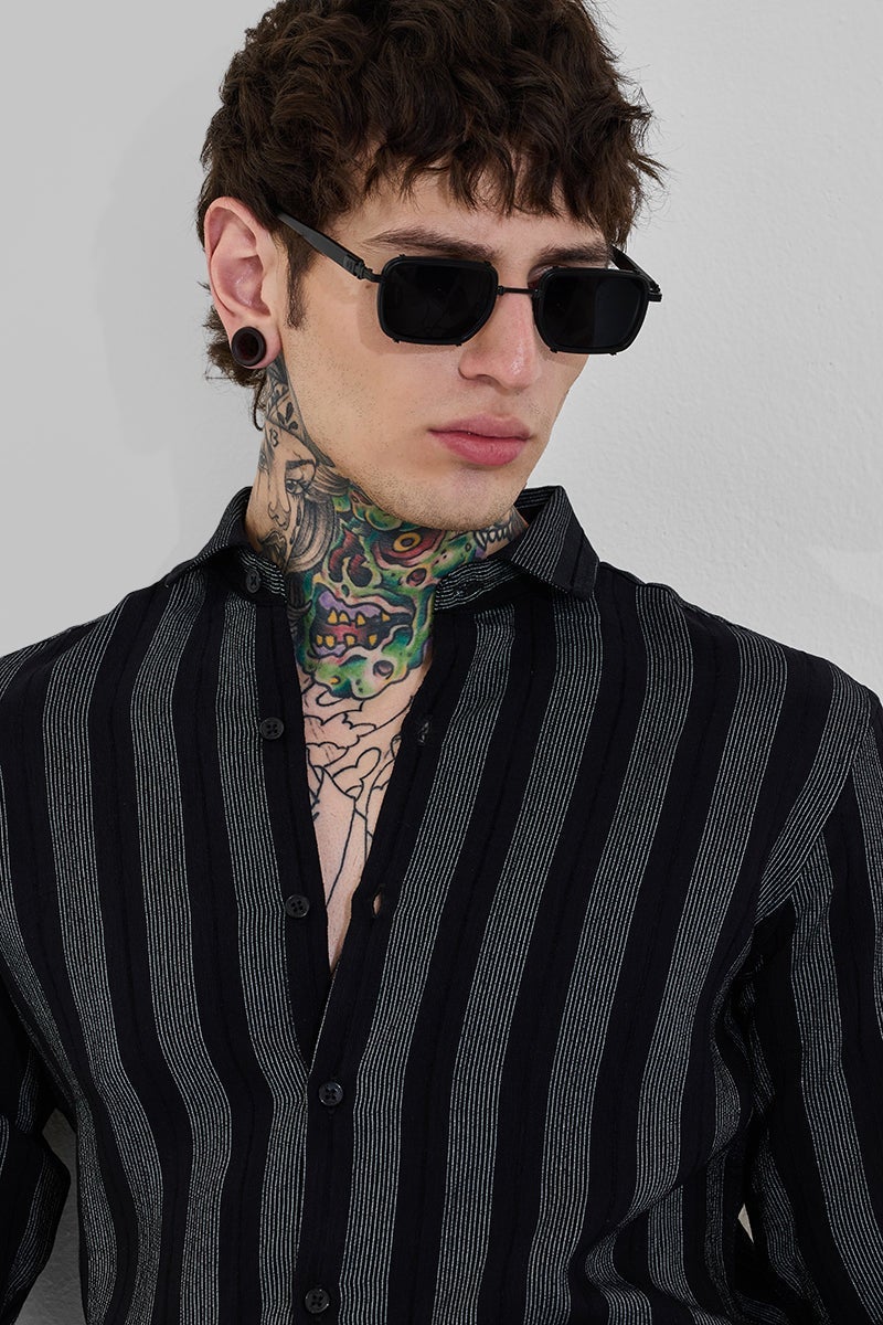 SNITCH Dark Jet Black Striped Long Sleeve Slim Fit Shirt - Image 4