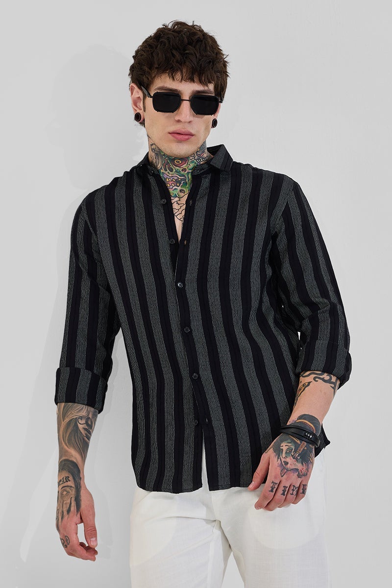 SNITCH Dark Jet Black Striped Long Sleeve Slim Fit Shirt - Image 5
