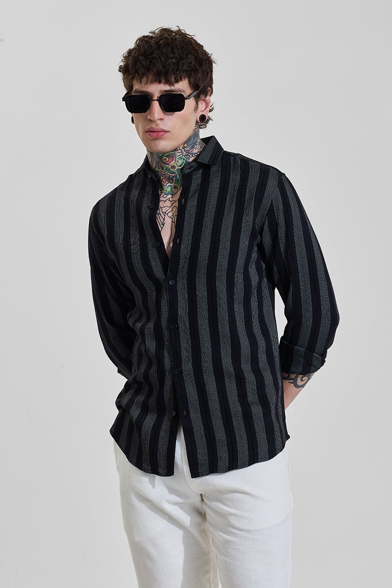 SNITCH Dark Jet Black Striped Long Sleeve Slim Fit Shirt - Image 1