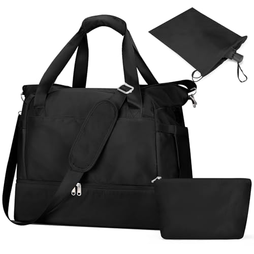 Outplea Travel Duffel Bag with Toiletry Kit for Women Personal Item Carry on Bag with Shoe Compartment Gym Bags with Wet Pocket Large Weekender Overnight Bags for Travel Weekend Hospital Black - Image 1