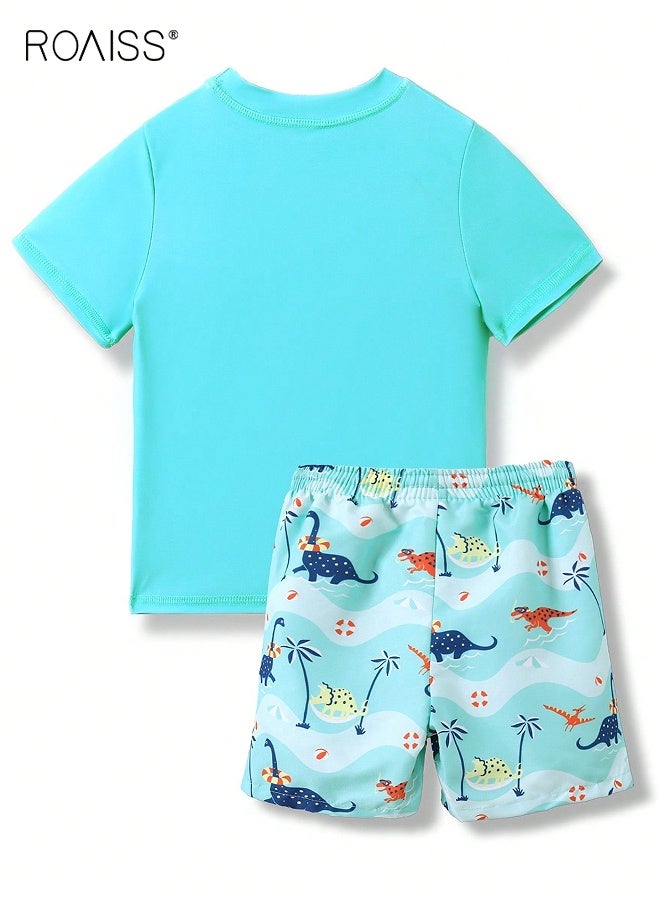 رويس بدلة سباحة للأولاد 2 قطعة للأولاد، طقم سباحة سريع الجفاف مع بلوزة ديناصور وشورت برباط، بدلة سباحة صيفية، بدلة سباحة بأكمام قصيرة واقية من الطفح الجلدي - Image 3