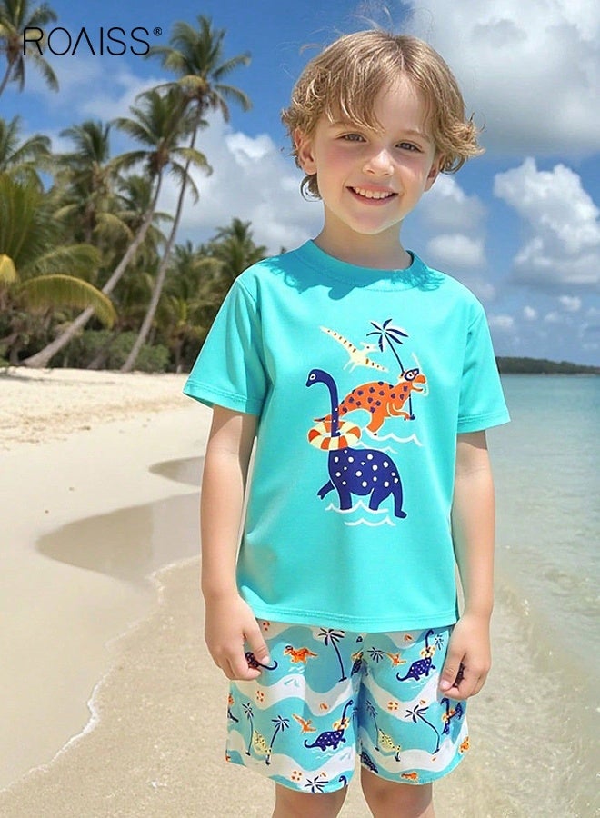 رويس بدلة سباحة للأولاد 2 قطعة للأولاد، طقم سباحة سريع الجفاف مع بلوزة ديناصور وشورت برباط، بدلة سباحة صيفية، بدلة سباحة بأكمام قصيرة واقية من الطفح الجلدي - Image 1