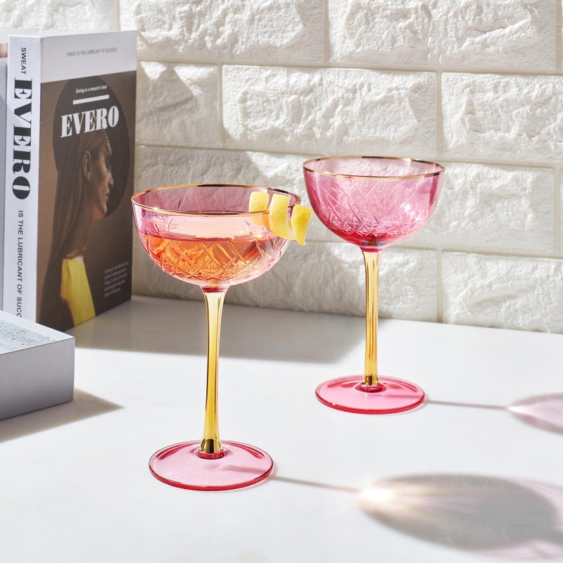 The Wine Savant كوب فن ديكو عتيق للشامبانيا، مارتيني، كوكتيلات | مجموعة من 2 | 7 أونصة زجاجات كوكتيل كلاسيكية - مانهاتن، كوزموبوليتان، سايدكار، كؤوس كريستال على طراز سبايكسي مع سيقان (وردي) - Image 2