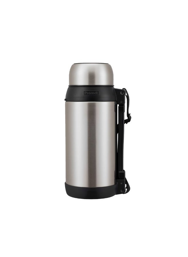 Peacock 1.96 Liter Stainless Steel Insulated Water Bottle Vacuum Flask With Cup Silver For Hot And Cold Beverages Large Capacity Travel Thermos Outdoor Camping Jug - Image 1