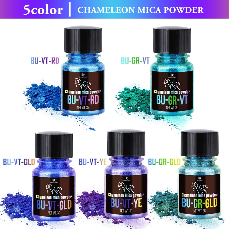 DecorRom Chameleon Mica Powder - 5 Color Shifting Pigment Powder for Epoxy Resin Art, Tumbler, Painting - Epoxy Resin Color Changing Pigment Blue Tones Chameleon Mica for Candle, Slime, Soap Making, Nail Art - Image 2