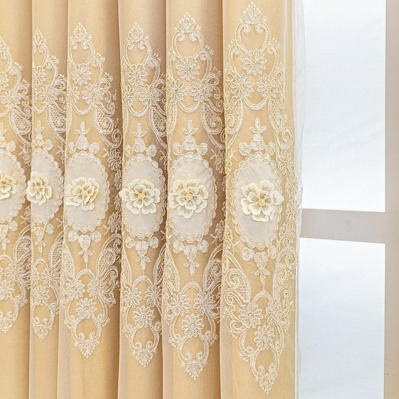 Amidoudou 1 Pair European Double Layer Curtains with Valance for Living Room Bedroom Luxury 3D Flower Embroidered Curtains (Yellow,51x90 Inch) - Image 3