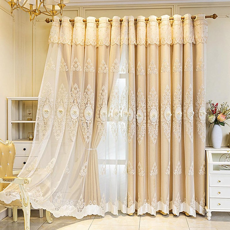 Amidoudou 1 Pair European Double Layer Curtains with Valance for Living Room Bedroom Luxury 3D Flower Embroidered Curtains (Yellow,51x90 Inch) - Image 2