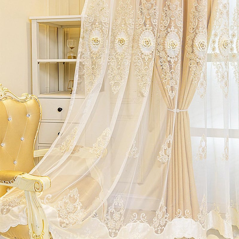 Amidoudou 1 Pair European Double Layer Curtains with Valance for Living Room Bedroom Luxury 3D Flower Embroidered Curtains (Yellow,51x90 Inch) - Image 4