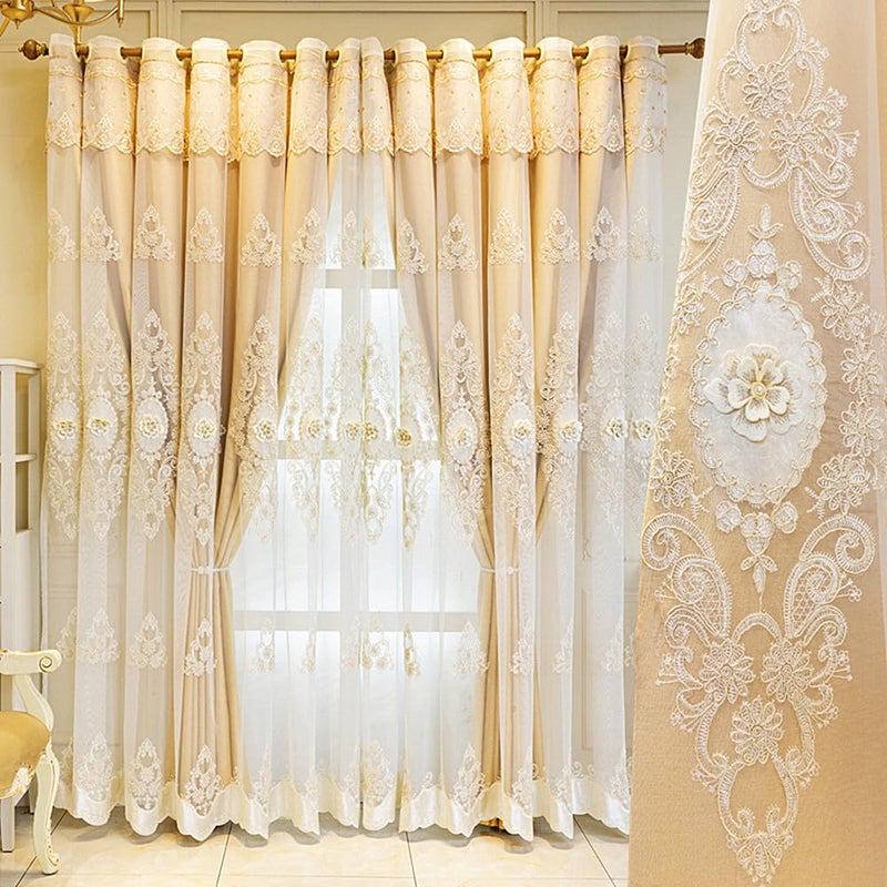 Amidoudou 1 Pair European Double Layer Curtains with Valance for Living Room Bedroom Luxury 3D Flower Embroidered Curtains (Yellow,51x90 Inch) - Image 1