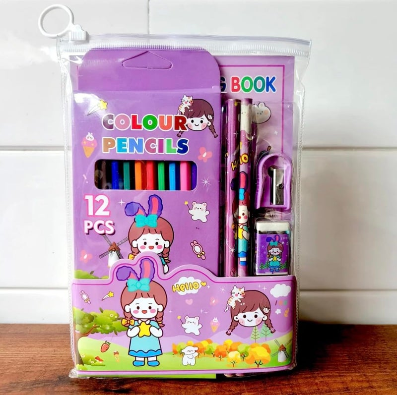 Returngifts- Pack of 6 Colorful gift Set - Cartoon-Themed Stationery with colour Pencils, Sharpener, Eraser, and coloring book. Birthday returns gifts for kids party in bulk (Design 6) - Image 2
