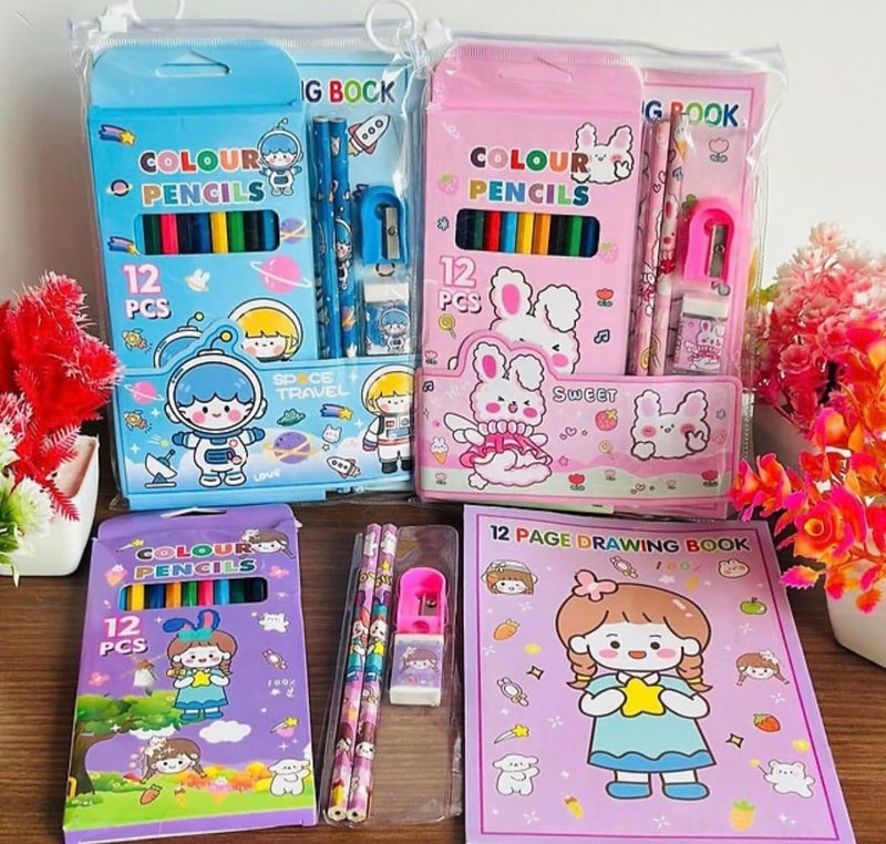 Returngifts- Pack of 6 Colorful gift Set - Cartoon-Themed Stationery with colour Pencils, Sharpener, Eraser, and coloring book. Birthday returns gifts for kids party in bulk (Design 6) - Image 5