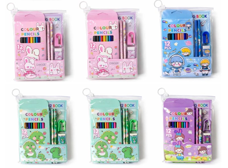 Returngifts- Pack of 6 Colorful gift Set - Cartoon-Themed Stationery with colour Pencils, Sharpener, Eraser, and coloring book. Birthday returns gifts for kids party in bulk (Design 6) - Image 1